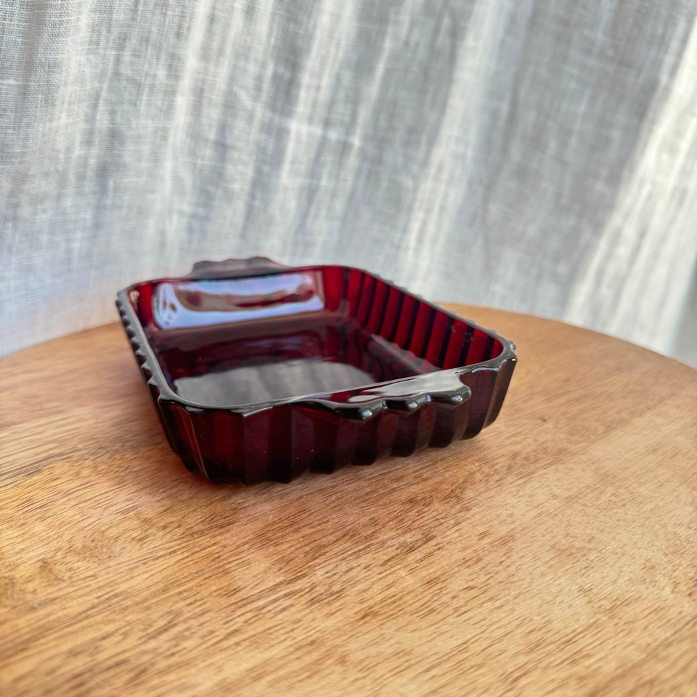 Vtg 1940's Anchor Hocking Royal Ruby Red Glass Rectangular Ribbed Relish Dish - Picture 2 of 6